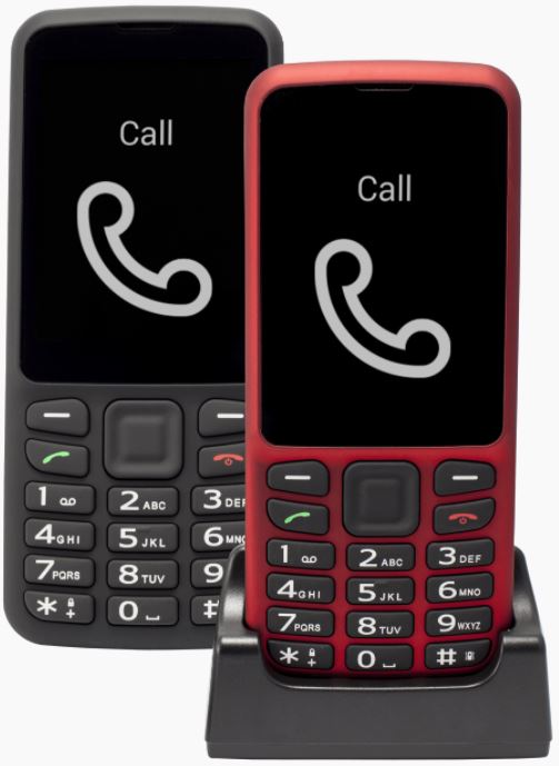 טלפונים בצבע אדום בתוך עריסה וטלפון שחור