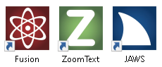 שלוש צלמיות של התוכנה Fusion ZoomText Jaws