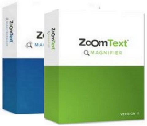 אריזות של תוכנת ZoomText , אריזה ירוקה להגדלה, אריזה כחולה של הגדלה עם דיבור