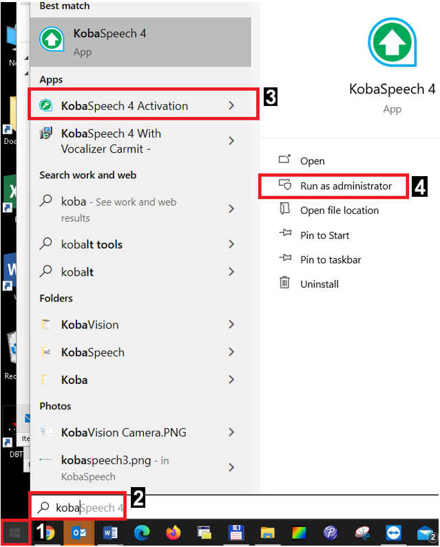 תפריט התחל של Windows עם הסימון של שירות הפעלת הרישיון KobaSpeech 4 Activation
