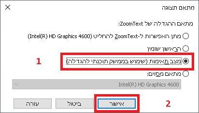 תיאור הגדרת כרטיס מסך עבור התוכנות Fusion או ZoomText גרסה 2024